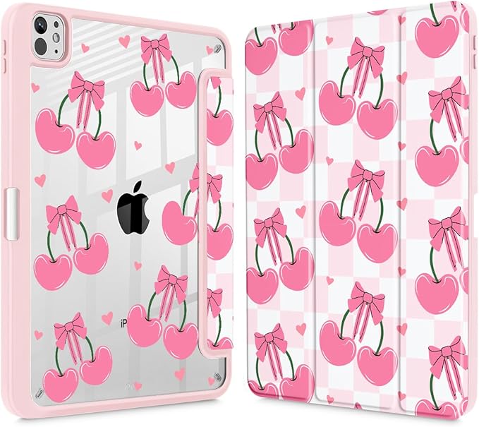 May Chen Case for iPad Pro 11-Inch M5/M4 2025/2024 (6th/5th Generation) Clear Transparent Print Back Shell Slim Stand Shockproof Tablet Cover Auto Wake/Sleep Pink Cherries &amp Bows