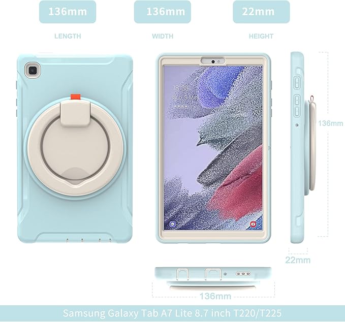 Shockproof Case for Samsung Galaxy Tab A7 Lite 8.7 Tablet Techcircle Rotating Stand Handle Heavy Duty Bumper Hybrid Cover Protective Case for Galaxy Tab A7 Lite (2021) SM-T220/T225 Baby Blue