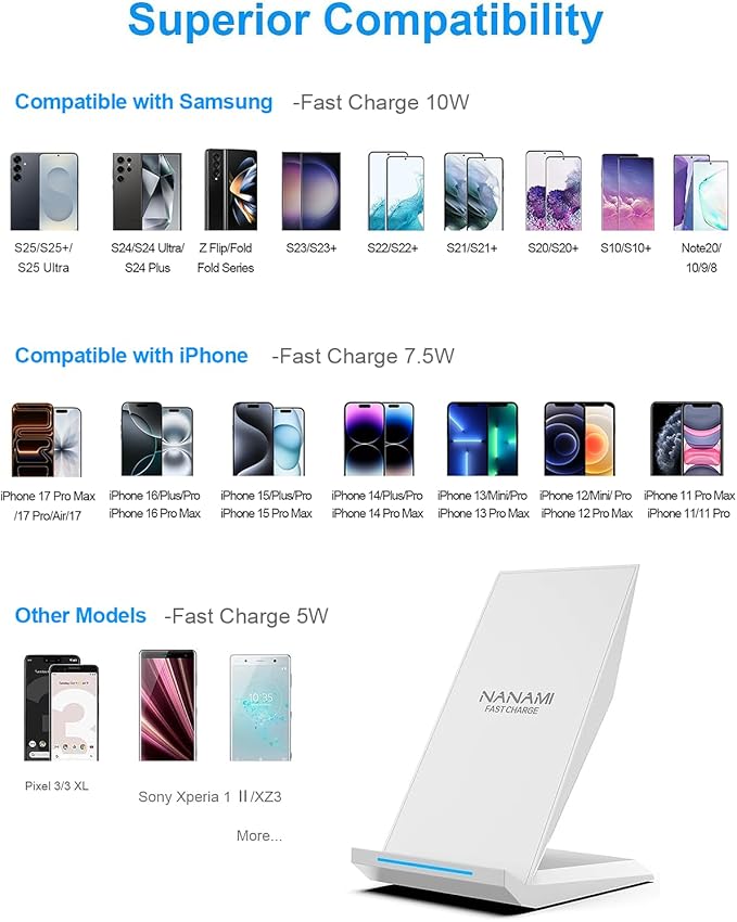 NANAMI Fast Wireless Charger Charging Stand[with 20W PD Charger] 7.5W for iPhone 17/17 Pro/17 Pro Max/16/15/14/13/12 10W Phone Charger Dock for Samsung Galaxy S26/S26+/S25/S25+/S25 ultra/S24/S23