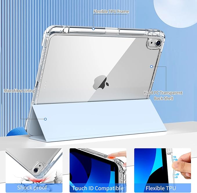 kenke Hybrid Case for iPad Air 11 Inch (M3) 2025 / (M2) 2024 iPad Air 5th/4th Gen 2022/2020 10.9 Inch with Pencil Holder Detachable Cover with Clear Hard Back Shell Auto Sleep/Wake Sky Blue