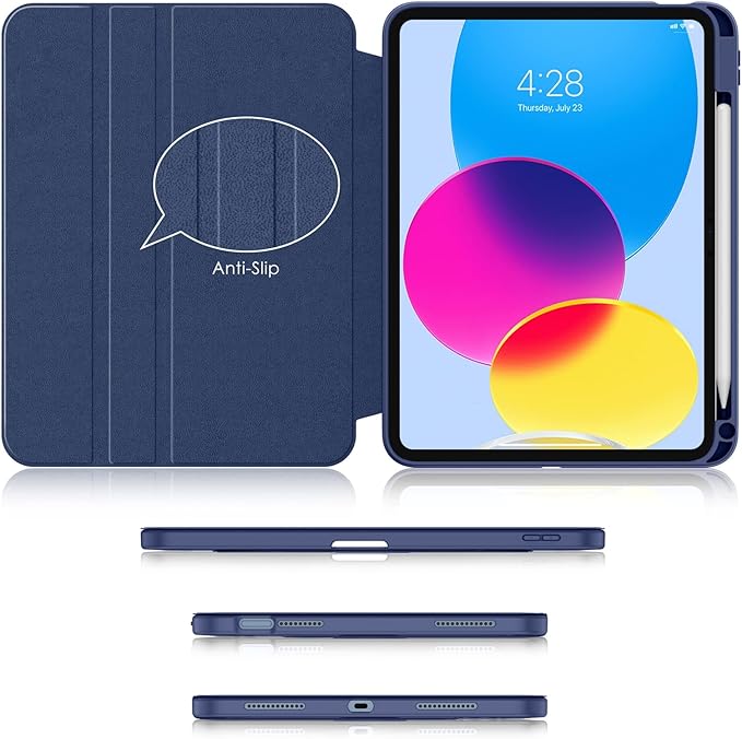 Soke Rotating Case for iPad (A16) 11th Generation 2025 iPad 10th Gen 2022 with Pencil Holder [Shockproof + Auto Sleep/Wake] 360 Degree Rotation Clear Back for iPad 11/10.9 - Navy Blue