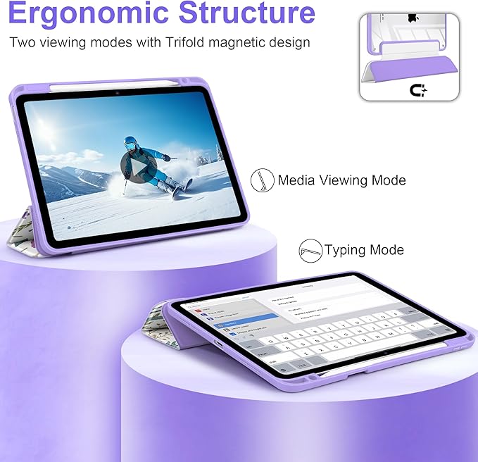 DONGKE Case for iPad Air 11-inch M4 2026 &amp M3 2025 &amp M2 2024 iPad Air 5th/4th Gen 10.9 2022/2020 [Built-in Pencil Holder] Clear Acrylic Back Trifold Stand Smart Cover Purple Botanical Wild