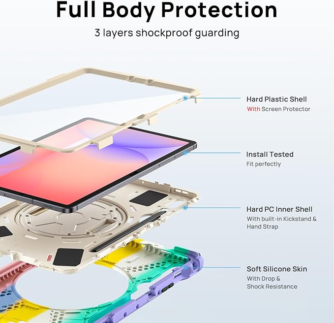 Gerutek Case for Samsung Galaxy Tab S10 Lite/S10 FE/S9 FE/Tab S9/S8 /S7 5G 10.9/11 Full-Body Drop Protective Case with Screen Protector Pencil Holder 360° Rotating Handle Stand Colorful Pink