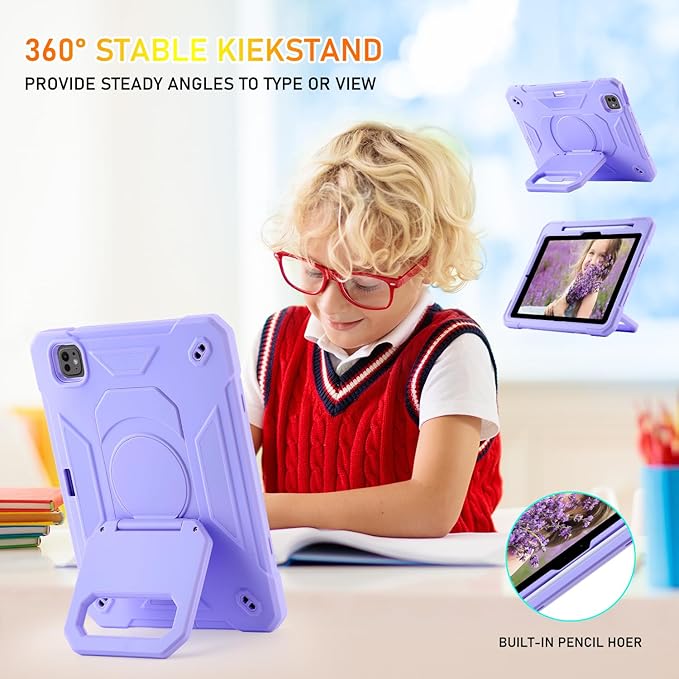KCJ for iPad Pro 11 Case (M4) 2024with Tempered Glass Screen ProtectorCute Protective Case with Folding Stand/Pencil Holder/Shoulder Strap for iPad Pro 11 2024 (5th Generation) (Light Purple)