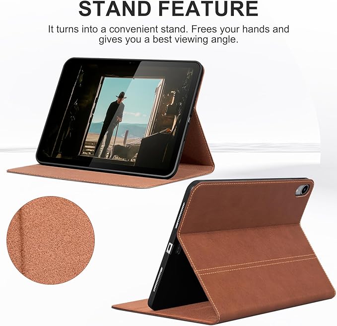 Genuine Leather Case for iPad mini 7/Mini 6 Generation(8.3 Inch 2021/2024)Vegetable Tanned Leather Smart Folio Cover for with Auto Wake/SleepAdjustable StandAnti Slip/FingerprintRedbrown