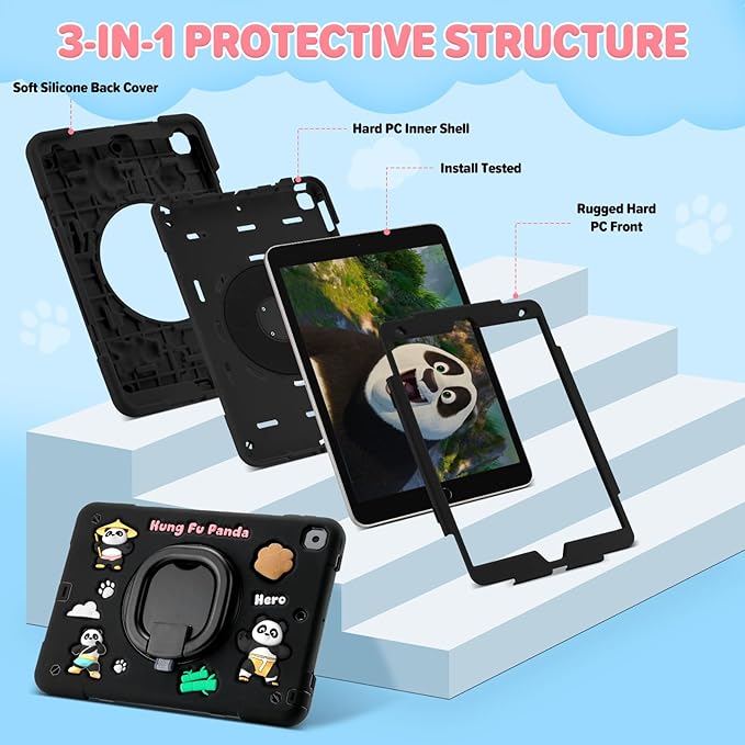 Case for iPad 9th/8th/7th Generation iPad 10.2 Inch 2021/2020/2019 Funny Cartoon Silicone 3D Panda Design Kids Case Heavy Duty Protection with Stand/Pencil Holder/Shoulder Strap
