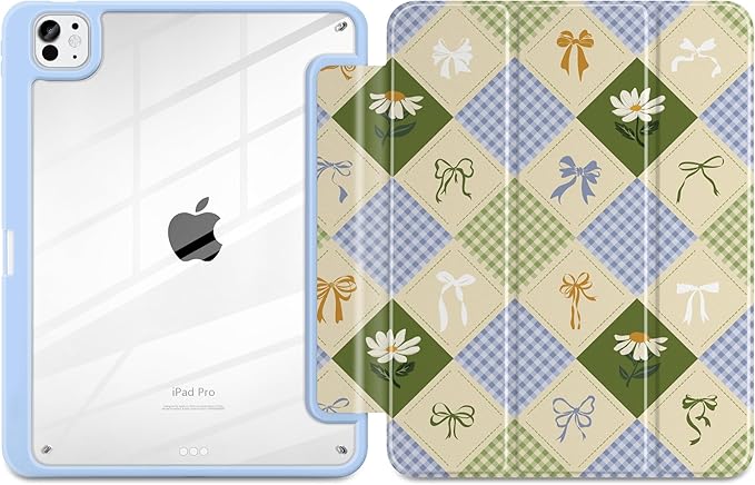 TWOLSKOO Case for iPad Pro 11-inch (M5 2025 / M4 2024) Clear Acrylic Back with TPU Bumper Pencil Holder Trifold Stand Auto Sleep/Wake Patchwork Bows
