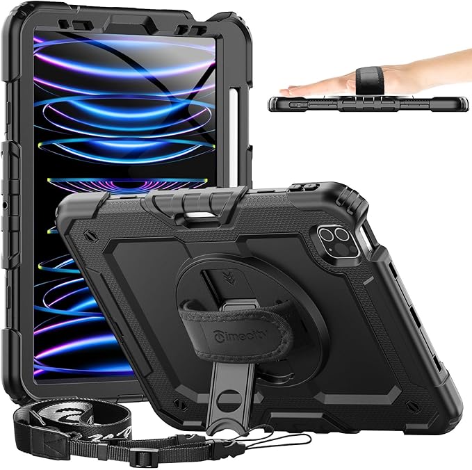 Timecity Case for iPad Pro 11 inch 1st 2nd 3rd 4th Generation 2018/2020/2021/2022 (NOT for 2024) Heavy Duty Rugged Protective Case with Screen ProtectorPencil HolderRotating Stand&ampHandle-Bla