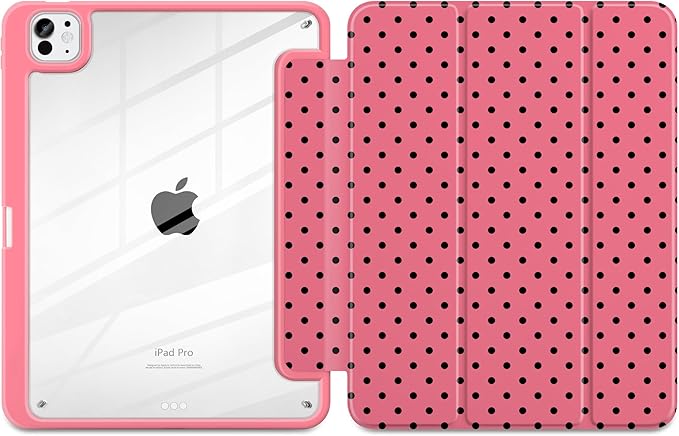 Case for iPad Pro 11 Inch (M5 2025 M4 2024) – [Built-in Pencil Holder] Shockproof &amp Stylish Clear Hard Back + Soft TPU Edge Magnetic Trifold Stand Auto Wake/Sleep Rose red Polka dot