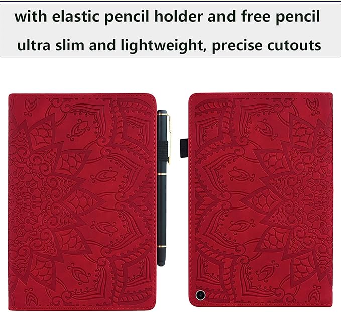 Case for Kindle Fire HD 10 &amp HD 10 Plus 10.1 inch (13th/11th Generation 2023/2021) Stand Embossed Flower PU Leather Magnetic Wallet Cover with Pencil Holder/Pockets [Auto Wake/Sleep] Red