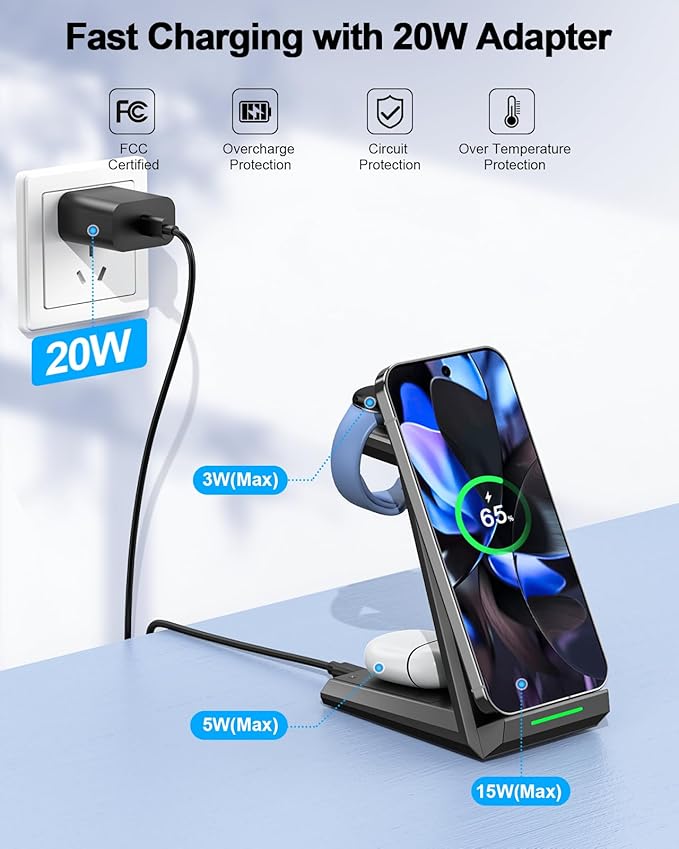NANAMI Wireless Charger for Google - 3 in 1 Wireless Charging Station Fast Charger Stand Dock for Pixel 9/9 Pro XL/Fold/8/7Buds Pro 2/Pro Watch 3/2Fitbit Versa 4/Sense 2(Not for Pixel Watch 1/4)