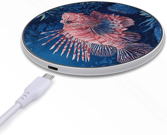 Lionfish in Deep Sea Fast Portable Charger 10W Funny Graphic Phone Charging Pad with USB Cable