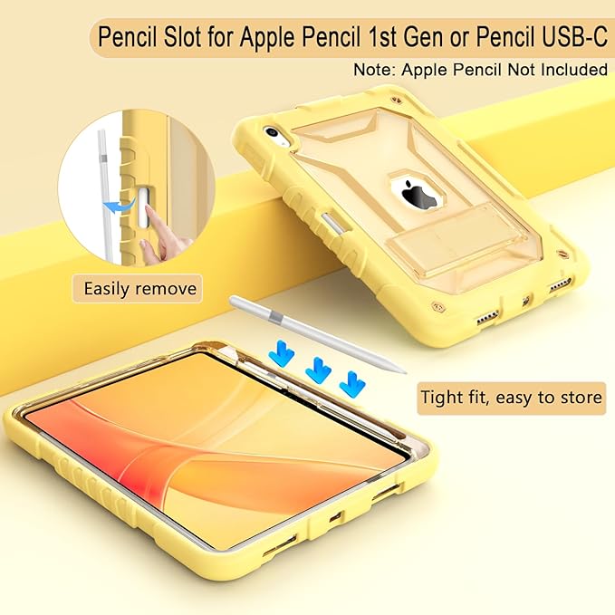 TIMISM Case for iPad (A16) 11th/10th Generation(2025/2022) with Shoulder Strap Kickstand and Pencil Holder Translucent Hard PC Back Cover Heavy Duty Shockproof Rugged Protective Case Yellow