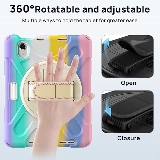 Gerutek Case for iPad mini 7 (A17 Pro) 2024/Mini 6 2021 8.3 inch Shockproof Cover for iPad mini 7/6th Gen with Screen Protector 360° Rotating Stand Hand/Shoulder Strap Pencil Holder Colorful Pink