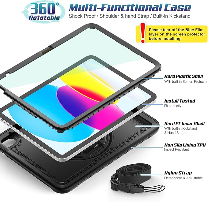 SEYMAC stock Case for iPad A16 11-inch Case 2025/ for iPad 11th/ 10th Generation 10.9'' 2022 Protective with Screen Protector Pen Holder Rotate Stand Loop Nylon Hand Strap Shoulder Strap Black