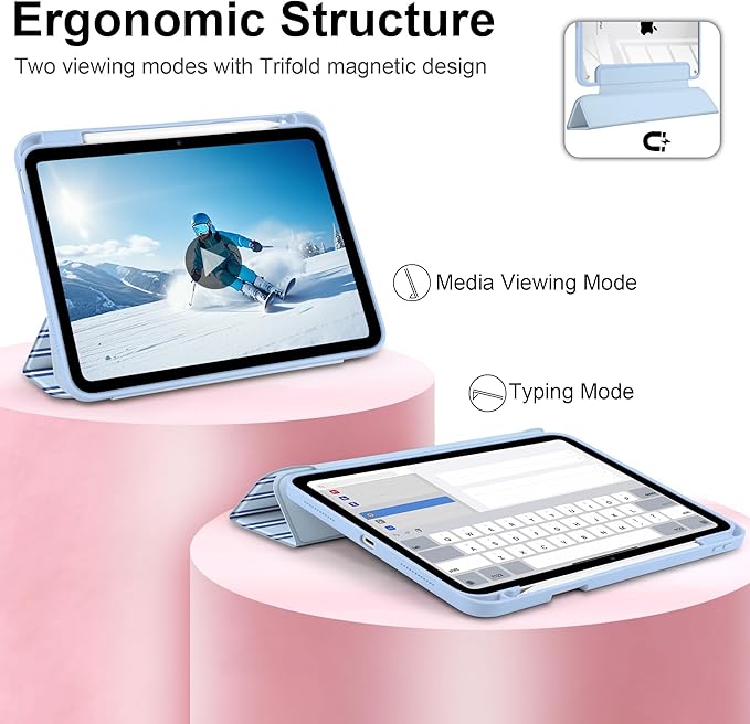 Case for iPad A16 11th Generation 11 inch 2025 iPad 10th Generation 10.9 inch 2022 -[Built-in Pencil Holder] Shockproof Clear Hard Back Trifold Stand Auto Wake/Sleep Blue Stripes