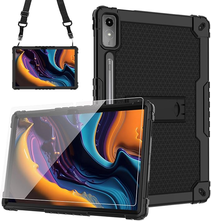 Case for Lenovo Tab P12 12.7 Inches Tablet Case Shockproof Hybrid Kids Case with Screeen Protector for Lenovo tab P12/Xiaoxin Pad Pro 12.7 Tablet Case TB370FU/TB371FC (Black/Black/1 PC)