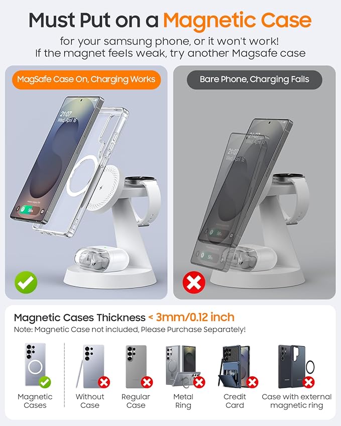 Magnetic Wireless Charger for Samsung 3 in 1 Charging Station Compatible with MagSafe Charger for Samsung Galaxy S26 Ultra Z Fold7/Flip7 Watch Charger Stand for Galaxy Watch Ultra 8 for buds White