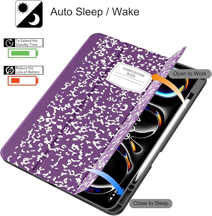Soke Case for New iPad Pro 13 Inch (M5/M4 2025/2024 Release) with Pencil Holder Trifold Stand Shockproof [Support Apple Pencil Charging + Auto Wake/Sleep] Soft TPU Back Cover Book Violet