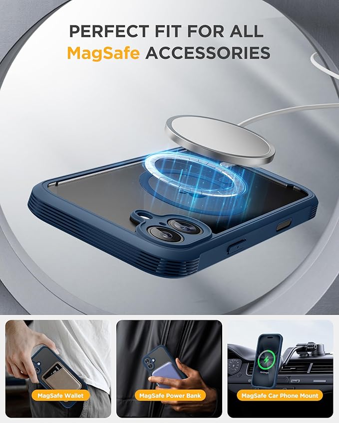 Miracase Magnetic for iPhone 16 Plus Case Full-Body Phone with Built-in Glass Screen Protector [Compatible with MagSafe] Military Drop Proof 16 Plus Cover Bumper Storm Blue
