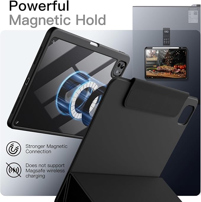 JETech Magnetic Detachable Case for iPad Pro 11-Inch M5/M4 (2025/2024) with Pencil Holder Removable Rotating Clear Cover Portrait/Landscape Stand with Raised Screen View (Black)