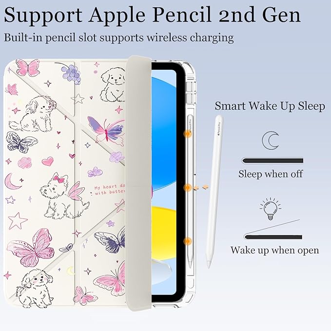 Cute Kawaii Puppy Butterfly for iPad Pro 11 Inch Case (M5/M4) 2025/2024 with Pencil Holder Auto Sleep/Wake White Leather Acrylic Back Detachable Cover