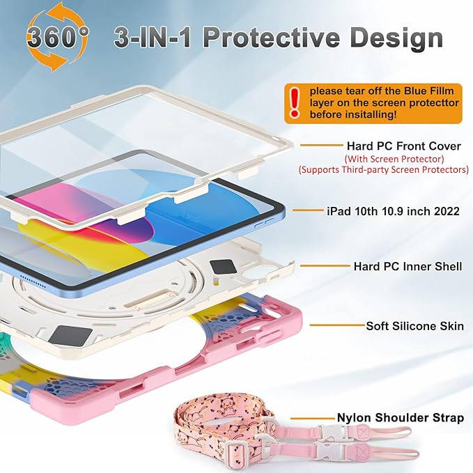 BRAECNstock Kids Case for Apple iPad (A16) 11th/10th Generation Case 11/10.9 2025/2022 Shockproof Protective with Screen Protector Pencil Holder [360°Rotating Stand+ Hand Strap] Colorful Pink