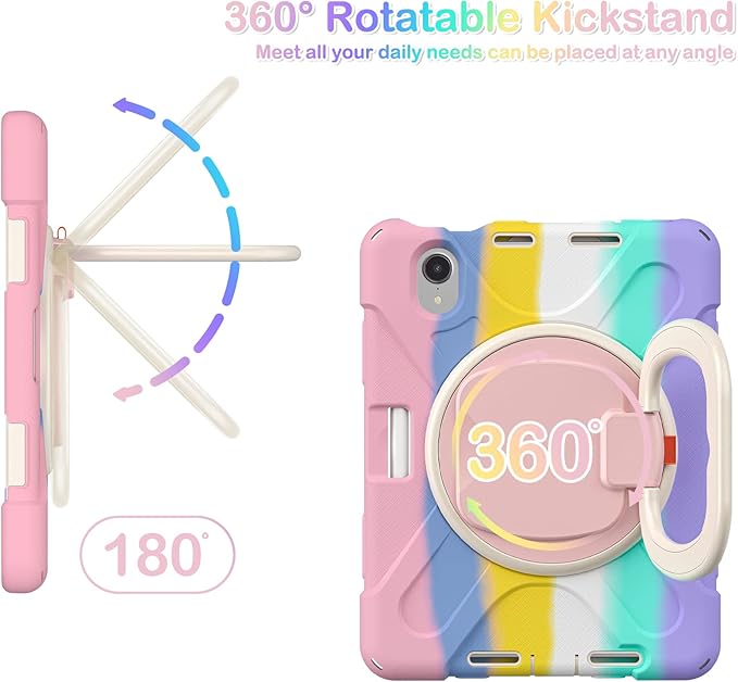 BRAECNstock Kids Case for Apple iPad mini 7 (A17 Pro)/ Mini 6 2024/2021 8.3-Inch Shockproof Protective iPad mini Case with Screen Protector Rotating Stand Handle Grip Pencil Holder Rainbow Pink