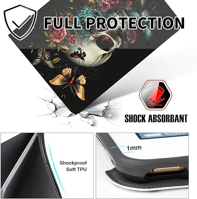 for 10.1 Amazon Fire HD 10 Tablet (13th Generation 2023 Release)PU Leather Multi-Angle Anti Slide Stand Cases with Auto Wake/SleepButterfly Skull Flower