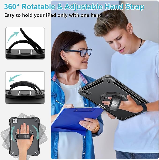 Case for iPad Pro 13 Inch M5 2025/ M4 2024: Military Grade Cover for iPad Pro 13 with Screen Protector - Stand - Handle - Shoulder Strap - Pencil Holder- Black