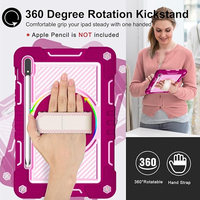 Shockproof Case for Samsung Galaxy Tab S8+/S7+/S7 FE 12.4 Tablet with Shoulder Strap Techcircle Heavy Duty Rotating Kickstand Rugged Defender Protective Case with Adjustable Hand Strap Rose+Pink