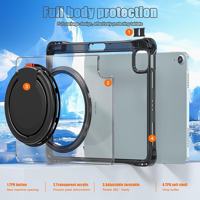 Shockproof Case for iPad Air 11'' (M4 2026/M3 2025/M2 2024)/ iPad Air 10.9'' Air 5th /4th Gen PC Clear Tablet Cases with Rotating Stand for Kids Black