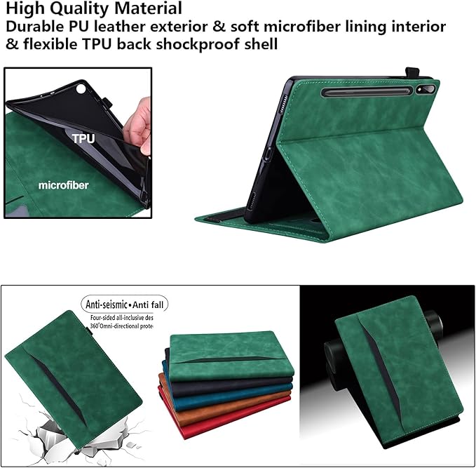12.4 Inch Case for Samsung Galaxy Tab S8 Plus/S8+ 2022/S7 FE 2021/Tab S7 Plus/S7+ 2020 (SM-X800/T730/T970) with S Pen Holder Pocket &amp [Auto Wake/Sleep] Folding Stand PU Leather Cover Green