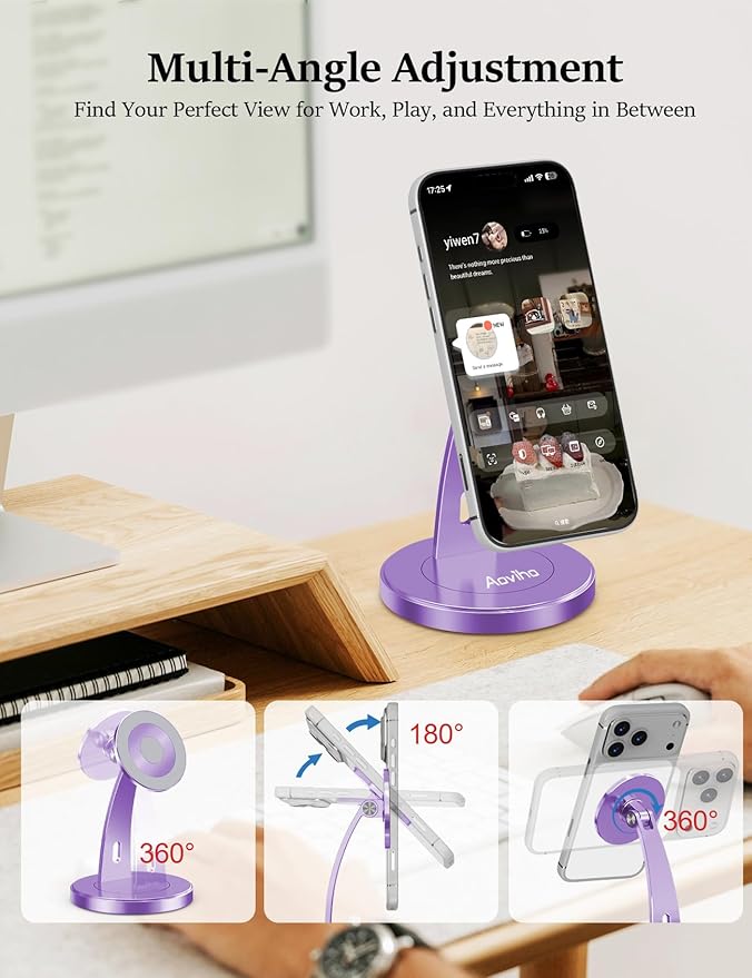 Magnetic Phone Stand for Desk – 360° Rotating Aluminum Phone Holder Stable Desk Stand for Office Home &amp Kitchen Compatible with iPhone 17 Pro Max 16–12 Series and MagSafe Cases Purple