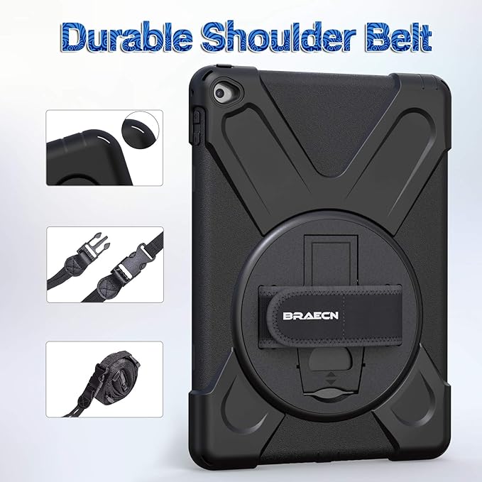 BRAECNstock for Apple iPad Air 2 (2nd Generation) Case 9.7 inch 2014 Shockproof Protective iPad Air 2 Covers and Cases with Pencil Holder Rotating Stand+Hand Strap Shoulder Strap Black
