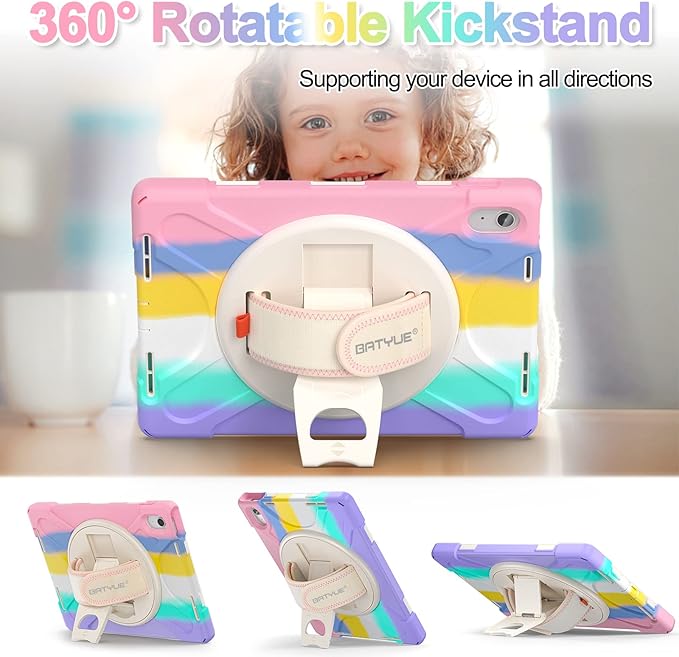 BATYUE Case for iPad (A16) 11th/10th Gen 11''/10.9'' 2025/2022 - Heavy Duty Shockproof Cover with Adjustable Hand Strap 360°Kistand Screen Protector Shoulder Strap &amp Pencil Holder | Colorful Pi