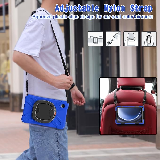 Case for Galaxy Tab A9 8.7 2023 (SM-X110/ X115) Heavy Duty Protective Case with 360 Degree Swivel Stand&ampHand Strap&ampShoulder Strap (Blue)