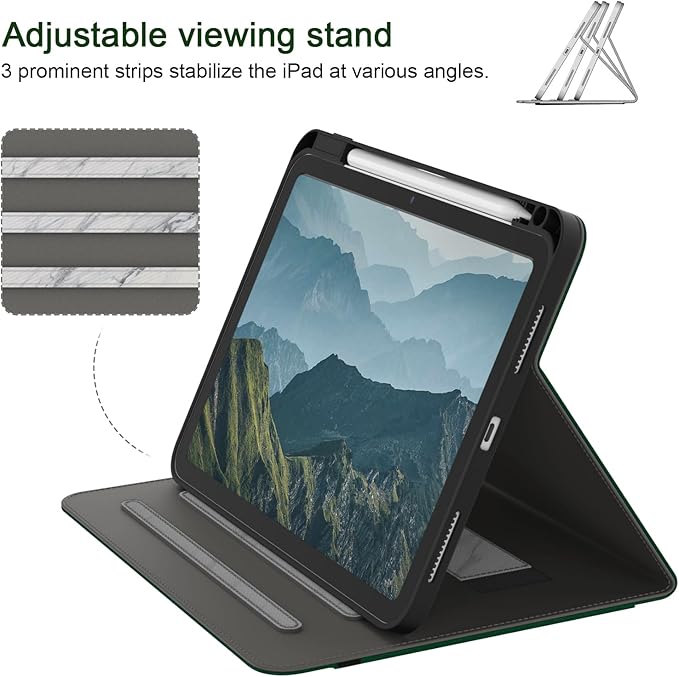 Case for iPad Pro 11 inch (M5/M4) 2025/2024 Multi-Angle PU Leather Cover for i Pad Pro 11 with Pencil Holder/Hand Strap/Pocket Auto Wake/Sleep Deep Green