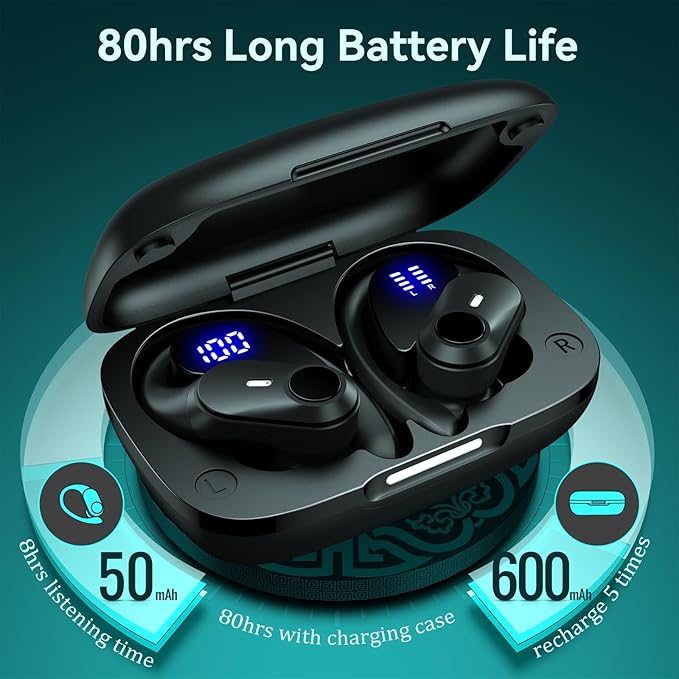 Active Noise Cancelling Earbuds Wireless Bluetooth Headphones 80H Playtime LED Power Display Charging Case Over Ear Hooks Ear Buds with Hi-Res Sound &amp Clear Calls for Sports Running Gym Workout Bl