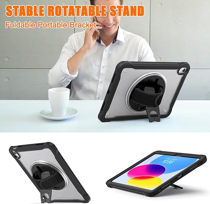 Case for iPad (A16) 11th/10th Generation 2025/2022 11/10.9 inch Rugged Shockproof Protective Cover with Screen Protector 360° Rotating Hand Strap&ampStand Pencil Holder Transparent Black