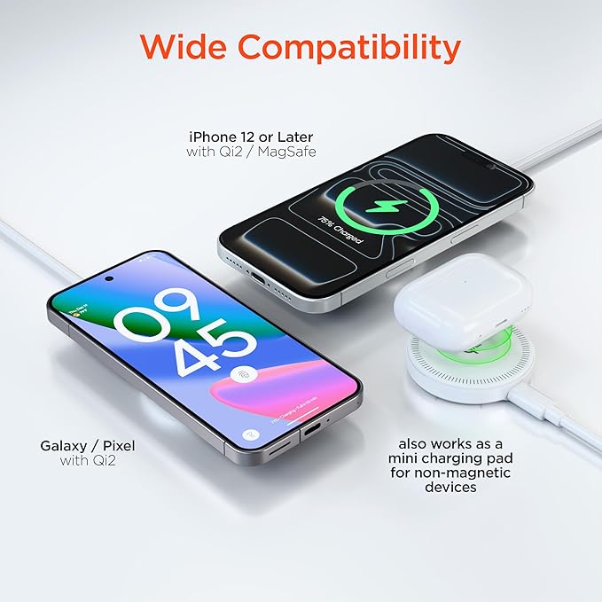 15W Magnetic Wireless Fast Charger with Qi2 - Portable 15W Snap-On Fast Charge MagSafe Wireless Charging Pad for iPhone Samsung Galaxy AirPods &amp More