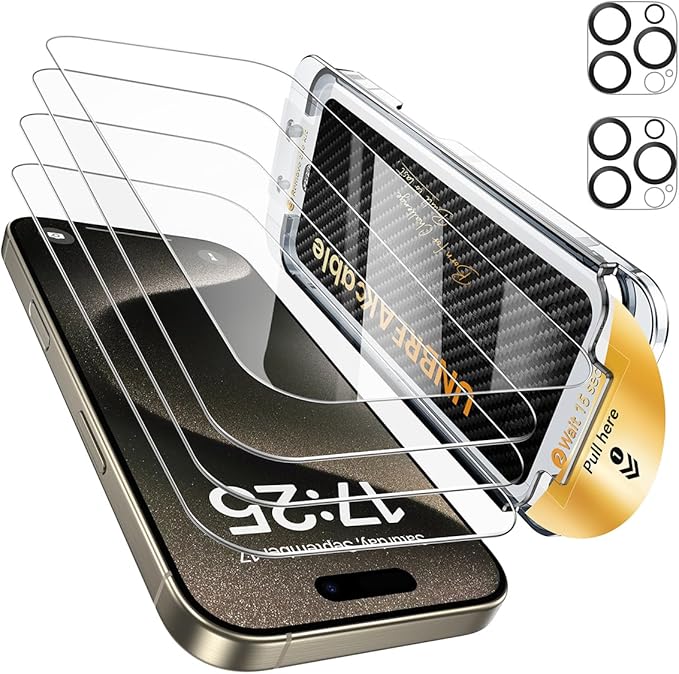 UNBREAKcable for iPhone 15 Pro Max Screen Protector 4+2 Pack [9H+ Military-Grade Shatterproof] [Effortless Bubble-Free Installation] Ultra HD Clarity Tempered Glass with Lens Protector Case friendly