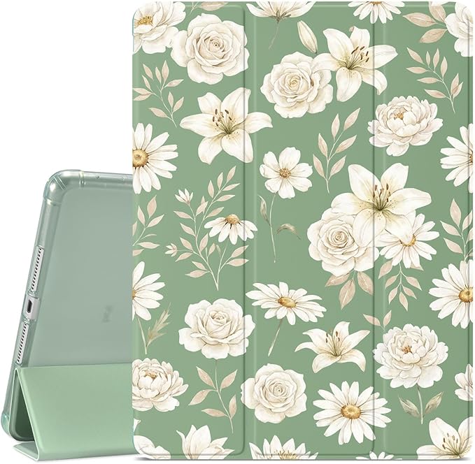 Aesthetic White Flowers Case for iPad 9th/8th/7th Generation 10.2 Inch (2021/2020/2019 Release) Protective CasePencil Holder &amp Clear Soft TPU Back &amp Trifold Cover for Women