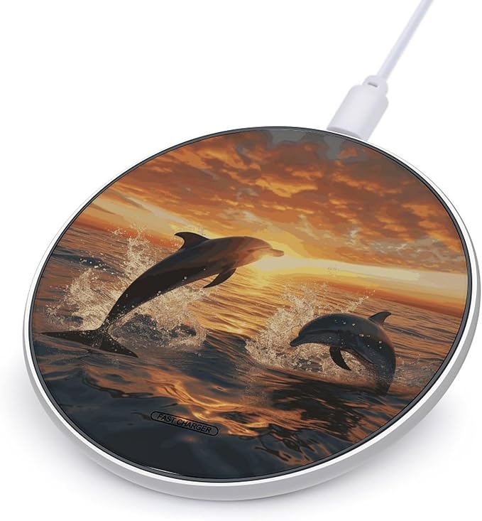 Dolphins Jumping Out of The Water at Sunset Wireless Charger Fast Wireless Charging Pad with USB Cable 10W Anti-Slip Magnetic Wireless Charger Portable Slim Charger Puck Travel Charging Station