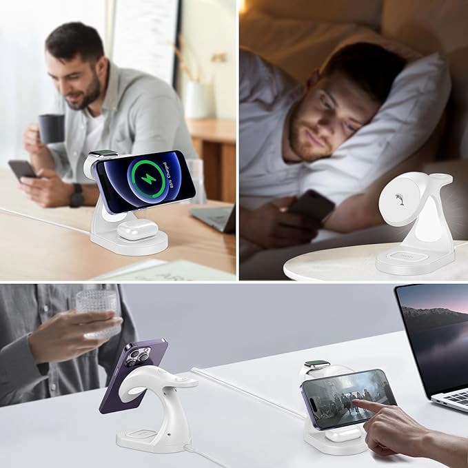 4 in 1 Magnetic Wireless Charger Stand for iPhone 16 15 14 13 12 Pro/Max/Plus/Mini AirPods Pro/3/2 and Watch 9/8/7/6/SE/5/4/3 Fast Charging Station White Dolphin 20W