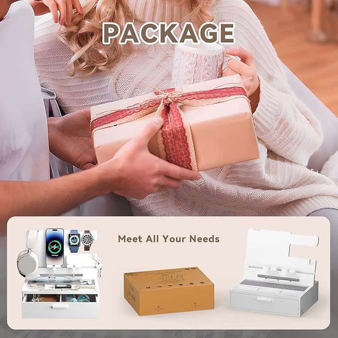 Pezin &amp Hulin Wooden Charging Station Bedside Nightstand Tray with Spacious Drawer Felt Pads for Phones Watch Idea Gifts for Him Birthday Son Christmas for Papa Fathers Day (White)