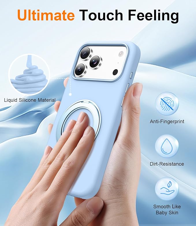 STERKER 360° Rotatable Stand Compatible with iPhone 17 Pro Max Case with Magnetic [Military Grade Drop Tested][Adjustable Kickstand] Ring Holder Silicone Slim Back Soft Edge Sky Blue