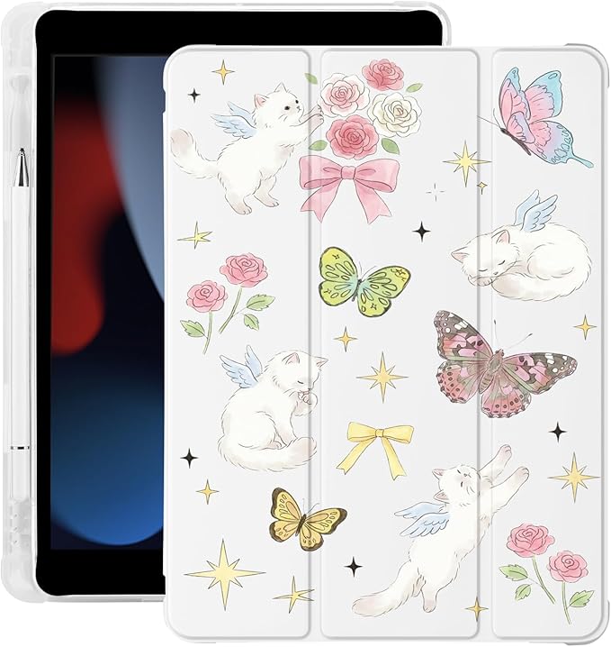 Cute Cat Kitten Butterfly for iPad Pro 13 Inch Case (M5/M4) 2025/2024 with Pencil Holder Auto Sleep/Wake White Leather Soft TPU Back Cover