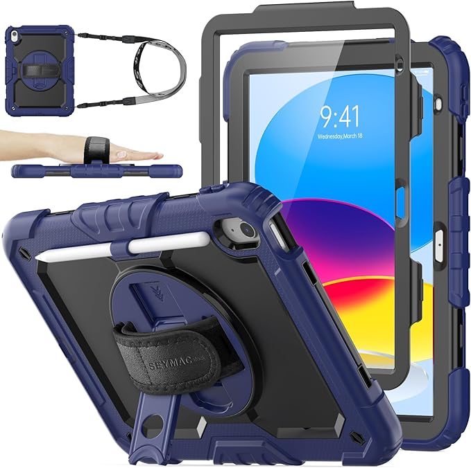 SEYMAC stock Case for iPad (A16) 11th/10th Generation 11''/10.9'' 2025/2022 Full-Body Drop Protection Case with Screen Protector &amp360° Rotate Hand Strap/Stand Navy Blue
