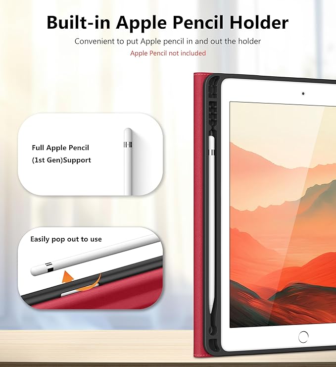 DTTO for iPad 6th / 5th Generation 9.7 Inch (2018/2017) iPad Air 2 / Air 1 Case 360 Degree Rotating Premium Leather Folio Stand Cover with Pencil Holder Red
